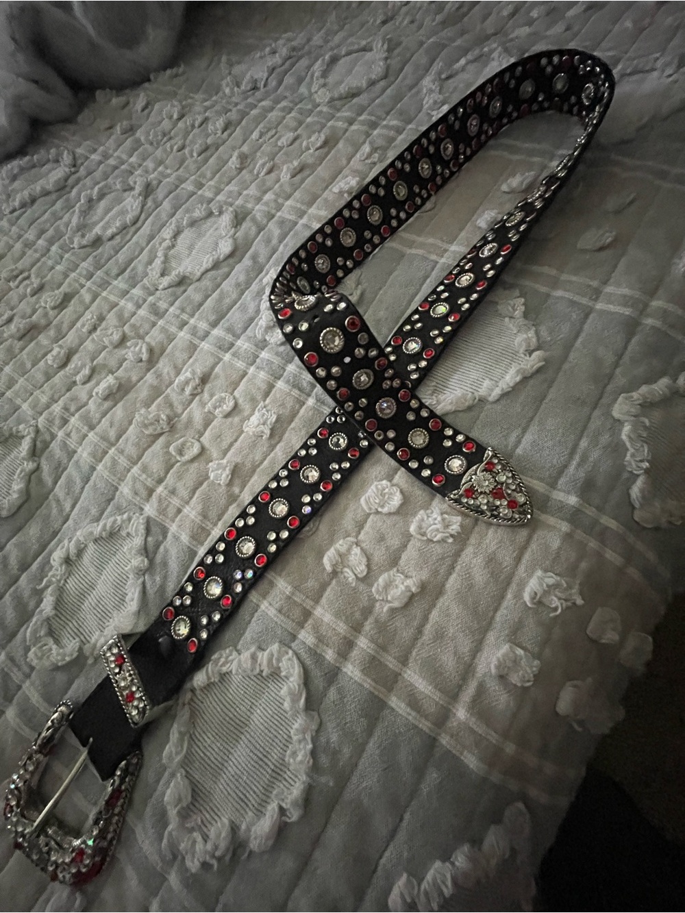 Embellished Black Leather Belt with Red and Silver Rhinestones-Handmade